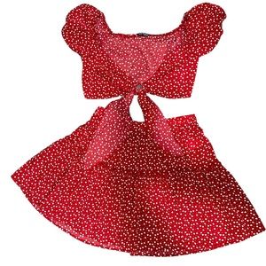 Two piece red and white hearts, skirt and crop top.
